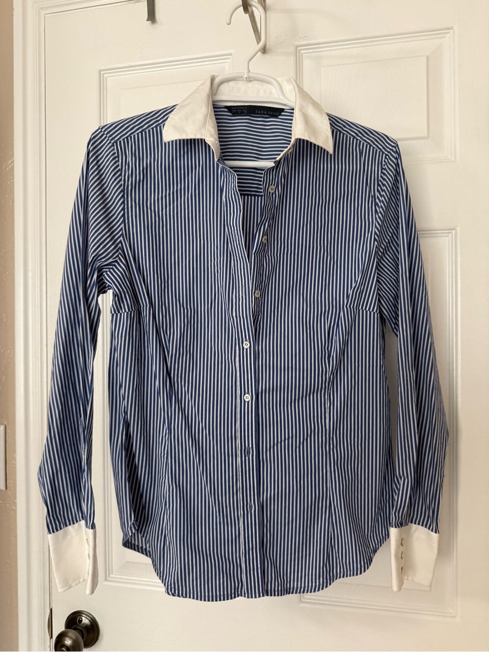 Zara Navy and White Pinstripe Dress Shirt with White Collar